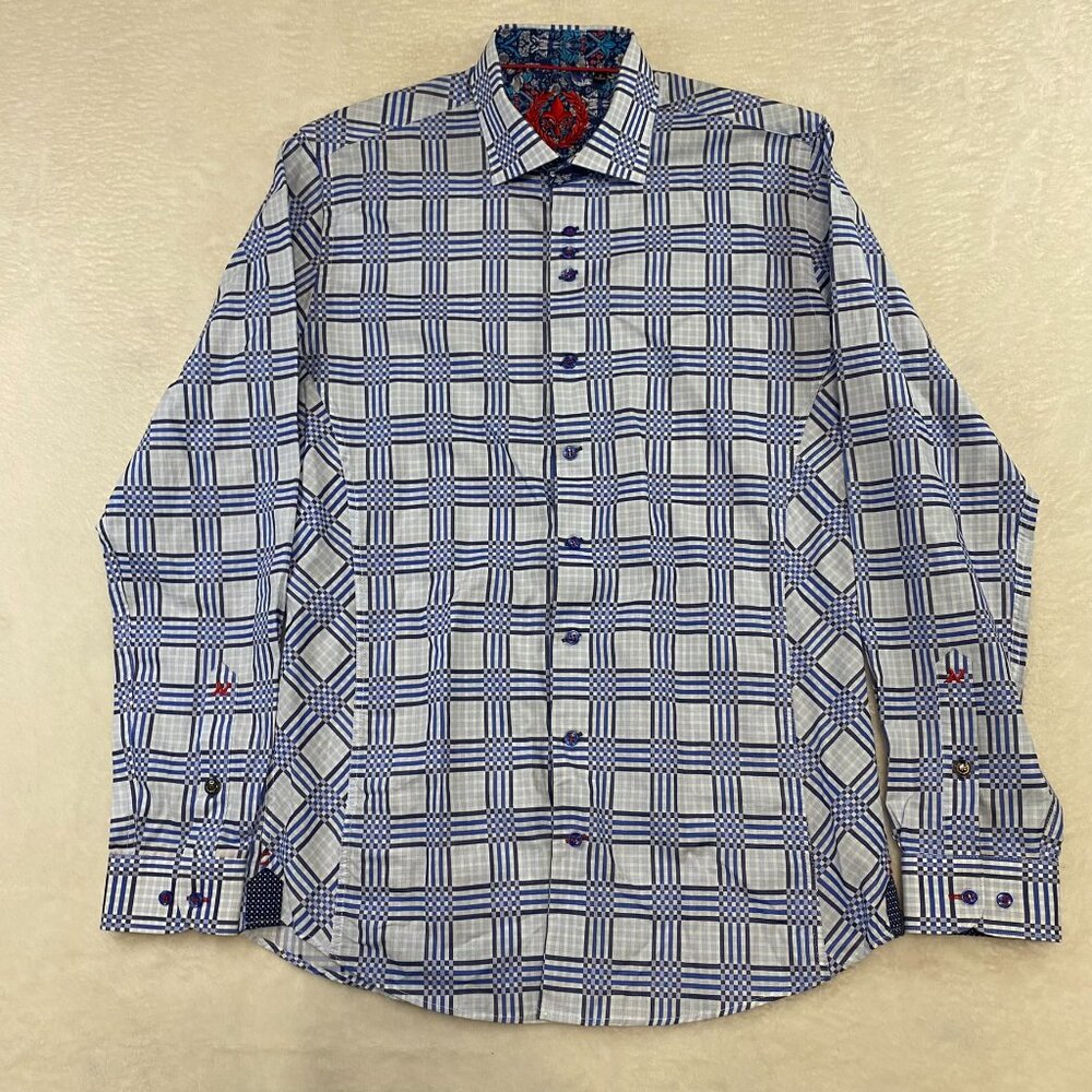 Au Noir Dress Shirt Men's 2 Blue White Check Plaid Abstract Flip Cuff Button Up